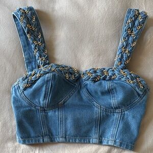 PatBO Braided Denim Cropped Top